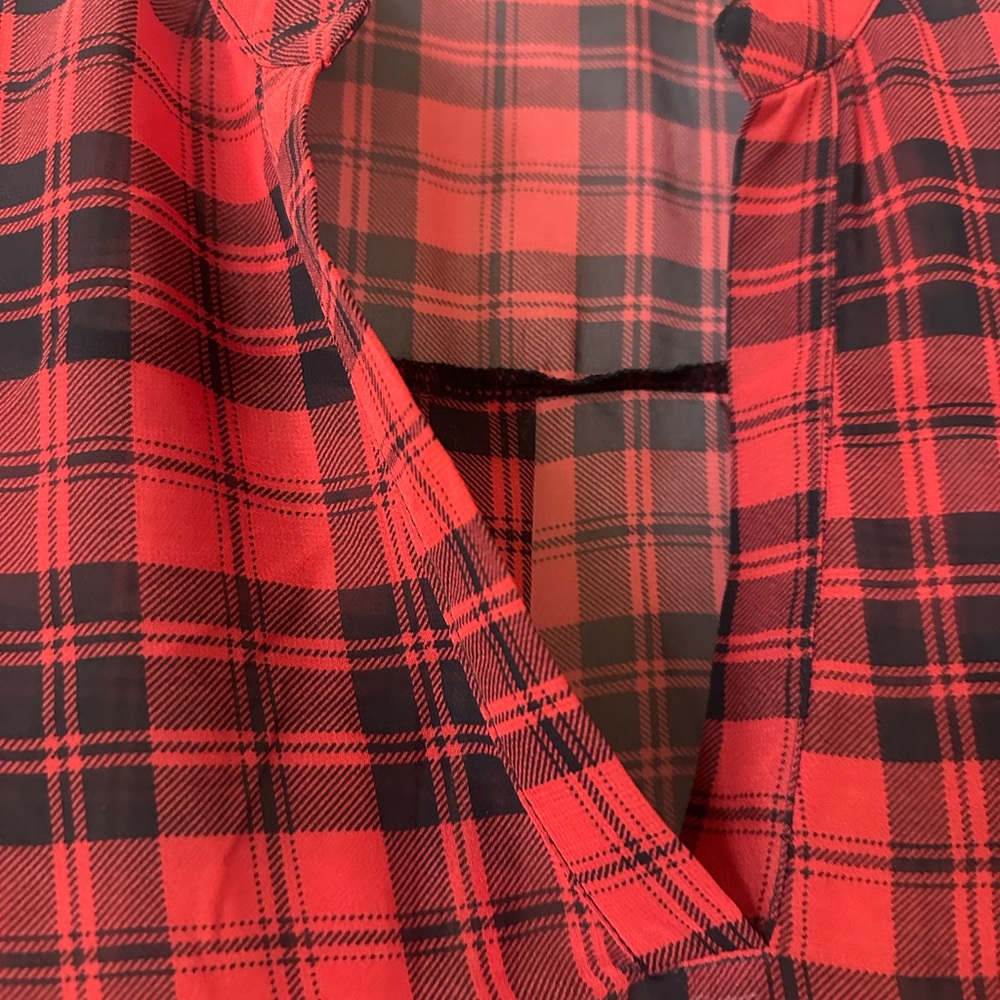 Hi/Lo Sheer Black and Red Plaid, Long Sleeve or 3/4 Button Sleeves Blouse - Picture 3 of 6